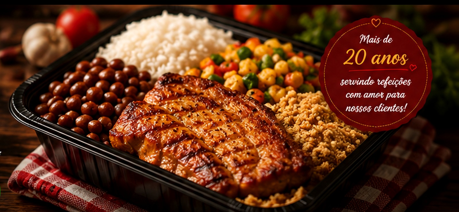 Marmita caseira com arroz, feijão, proteína e acompanhamentos